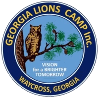 The logo of Georgia Lions Camp Inc. features an owl perched on a pine tree branch with the words "VISION for a BRIGHTER TOMORROW" below it. The outer ring reads "GEORGIA LIONS CAMP Inc." at the top and "WAYCROSS, GEORGIA" at the bottom.