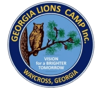 The logo of Georgia Lions Camp Inc., located in Waycross, Georgia, features an owl perched on a pine tree branch with green needles against a blue background. Encircling the image is the text "GEORGIA LIONS CAMP Inc. VISION for a BRIGHTER TOMORROW" and "WAYCROSS, GEORGIA," but the description provided is undefined.